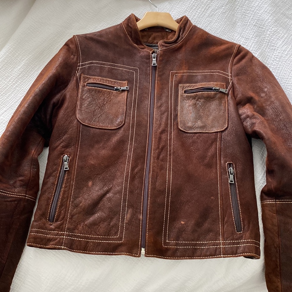 Brown soft leather motorcycle jacket with removable lining